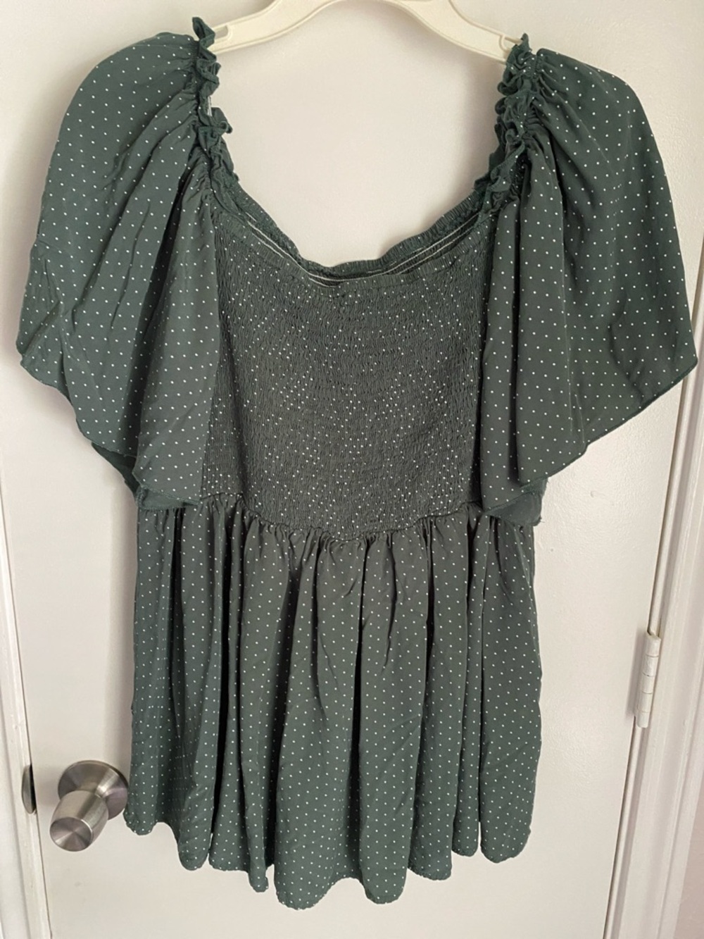 Green Smocked Polka Dot Puff Sleeve Top
